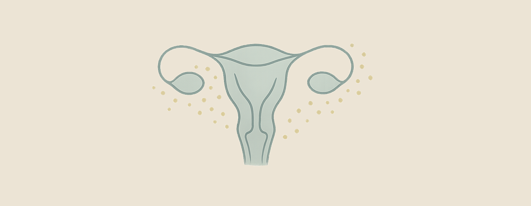 blue shaded uterus with gold spots outside of it, with an eggshell background
