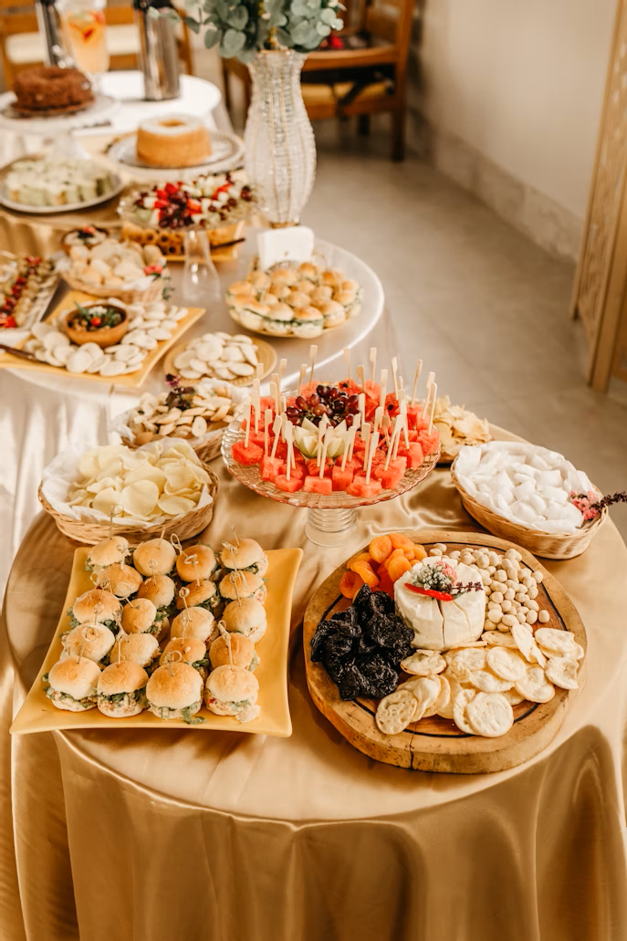 Catering spread with various shared plates